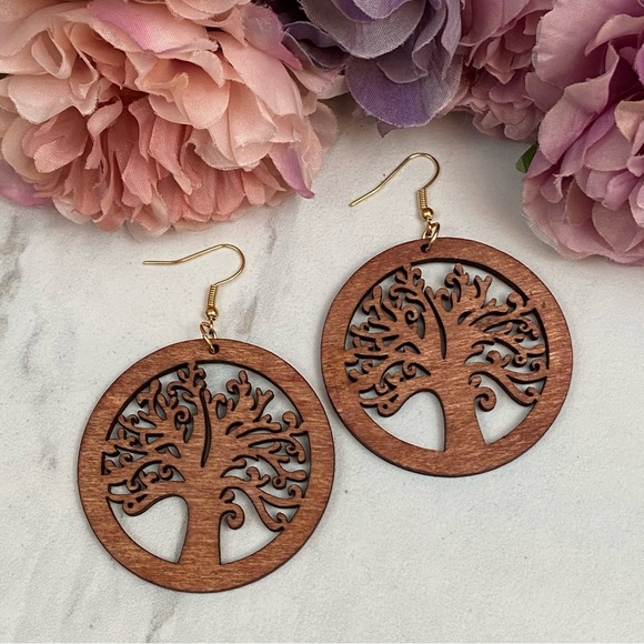 Boho Hand Carved Round Wood Tree of Life Earrings - Picture 6 of 8